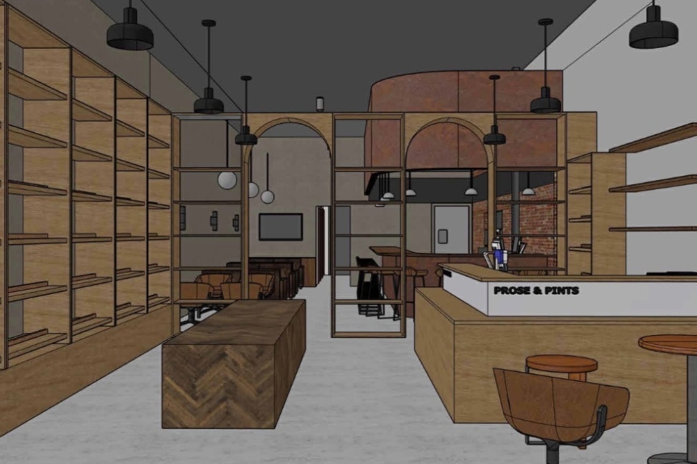 Two interior design renderings of Prose and Pints bookstore showing retail space with floor-to-ceiling wooden shelving, herringbone-patterned service counter, arched brick accent wall, pendant lighting, bar seating, and checkout counter labeled "Prose & Pints."