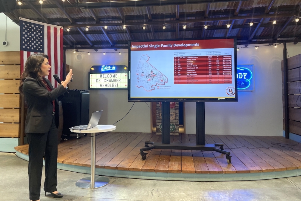 Dripping Springs ISD superintendent Holly Morris-Kuentz presented the findings of a demographic study at a State of the District presentation, which took place at a April 22 Chamber of Commerce luncheon. (Sienna Wight/Community Impact)