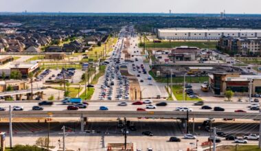 Drivers travel along the US 380 corridor at the Gee Road intersection on March 23. Construction on the Denton County improvement project began in 2022 and is expected to wrap up in April. (Sky Eyes/Community Impact)