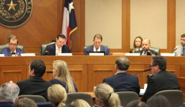 From left, Edward, Mary Liz, Britt and Richard Eastland, who own and operate Camp Mystic, answer questions from Texas House and Senate lawmakers during an April 28 hearing. (Hannah Norton/Community Impact)