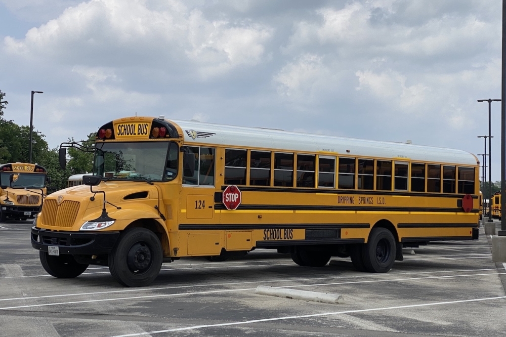 All buses in Dripping Springs ISD's 91-bus fleet are fitted with three-point seatbelts. (Elle Bent/Community Impact)