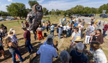Bastrop officials and residents gathered Sept. 5 for the unveiling of a barred owl sculpture, part of the Bastrop Bird City Junction. Free, bird-themed activities will take place along the junction and at other locations across Bastrop on May 1-2. (Courtesy city of Bastrop)