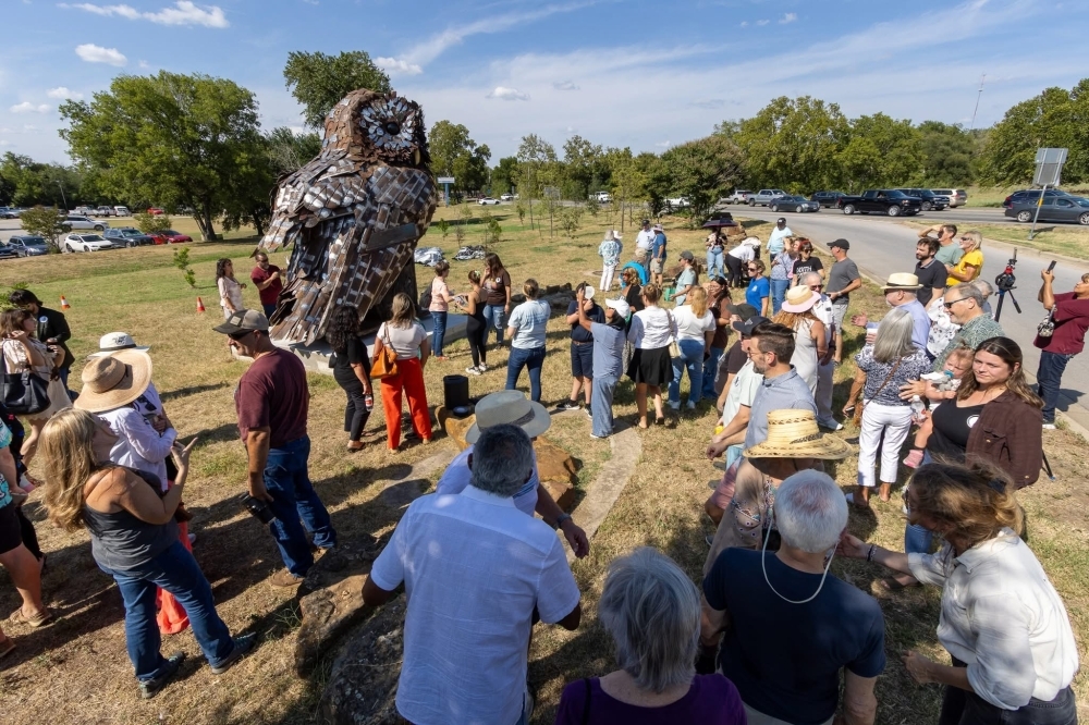 Bastrop officials and residents gathered Sept. 5 for the unveiling of a barred owl sculpture, part of the Bastrop Bird City Junction. Free, bird-themed activities will take place along the junction and at other locations across Bastrop on May 1-2. (Courtesy city of Bastrop)