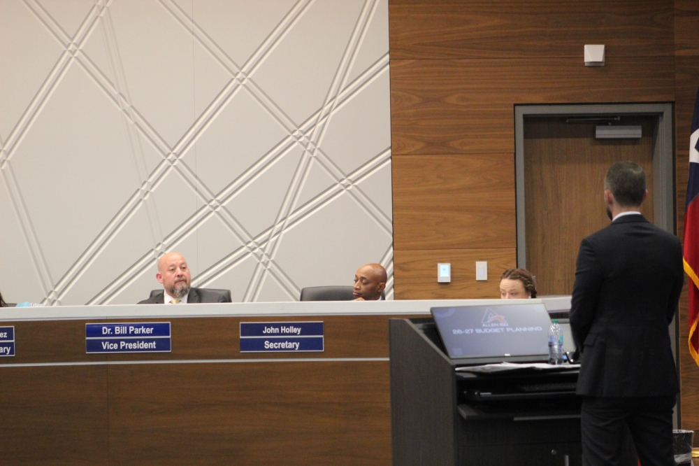 Board Vice President Bill Parker speaks during an April 27 board of trustees meeting held at 610 E. Bethany Drive in Allen. (Colby Farr/Community Impact)