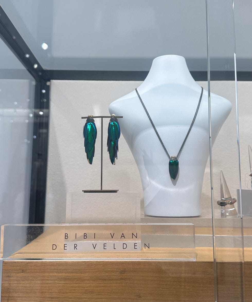 Jewelry display featuring earrings and a necklace.