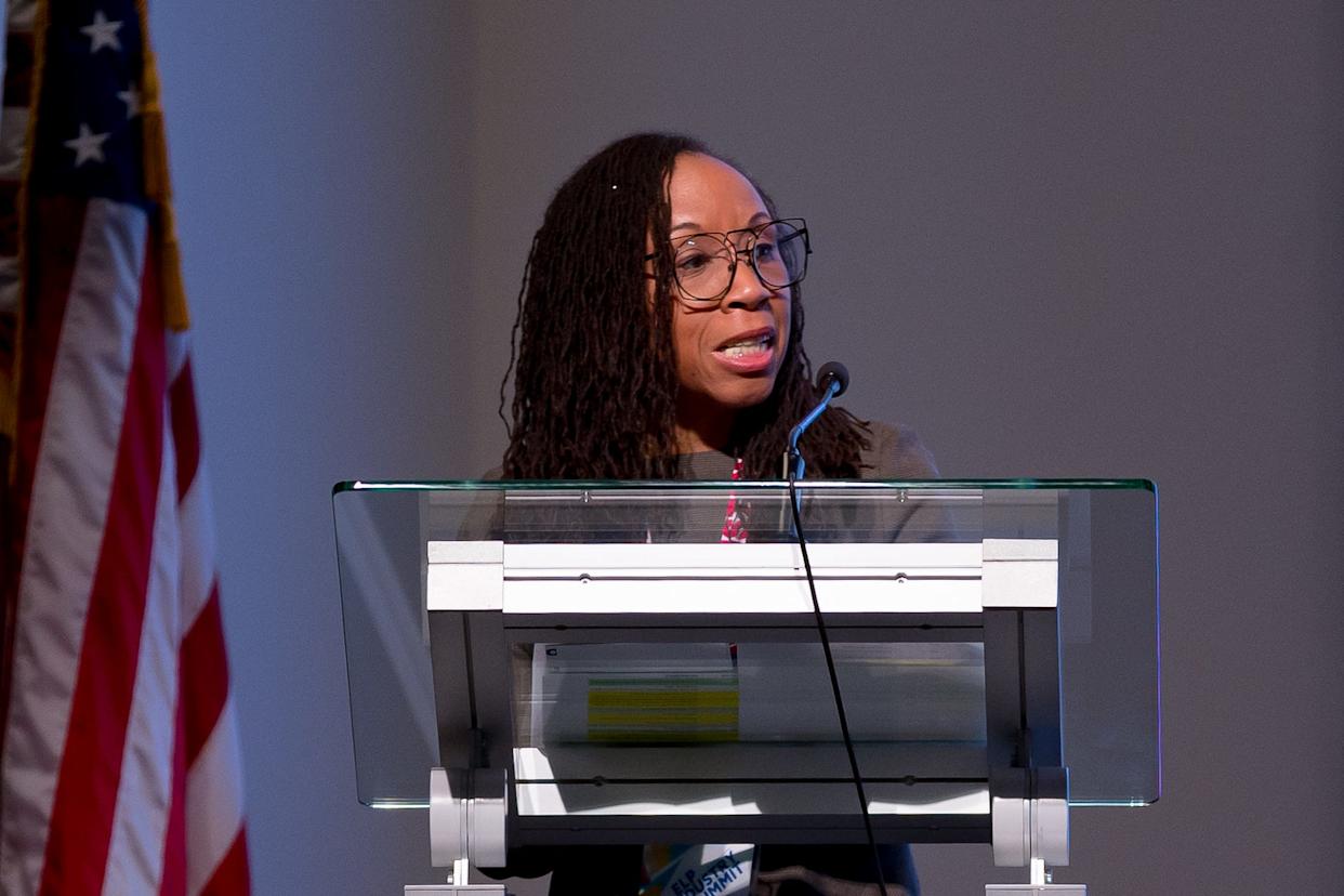 El Paso City Manager Dionne Mack speaks during the El Paso International Airport and FTZ 68 2025 Industry Summit at the Region 19 Starlight Event Center in El Paso, Texas, on Thursday, Oct. 23, 2025.
