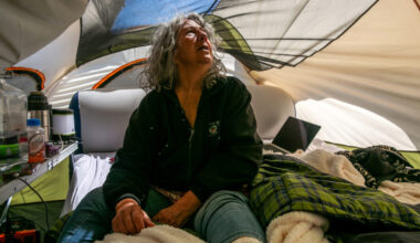 Diane Wilson sits in her tent, 14 days into her hunger strike, outside Dow’s Seadrift complex on March 16.