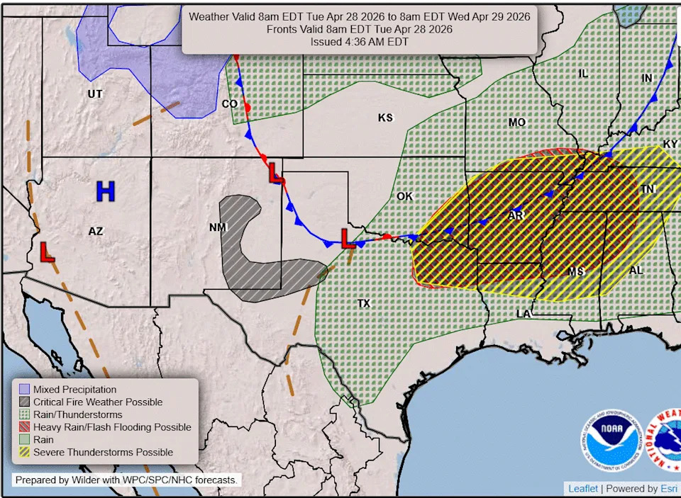Our next dip in temperatures will arrive with a cold front along the Red River on Tuesday. It will move south into our area on Wednesday, bringing a chance for storms and below-normal temperatures (Weather Prediction Center)