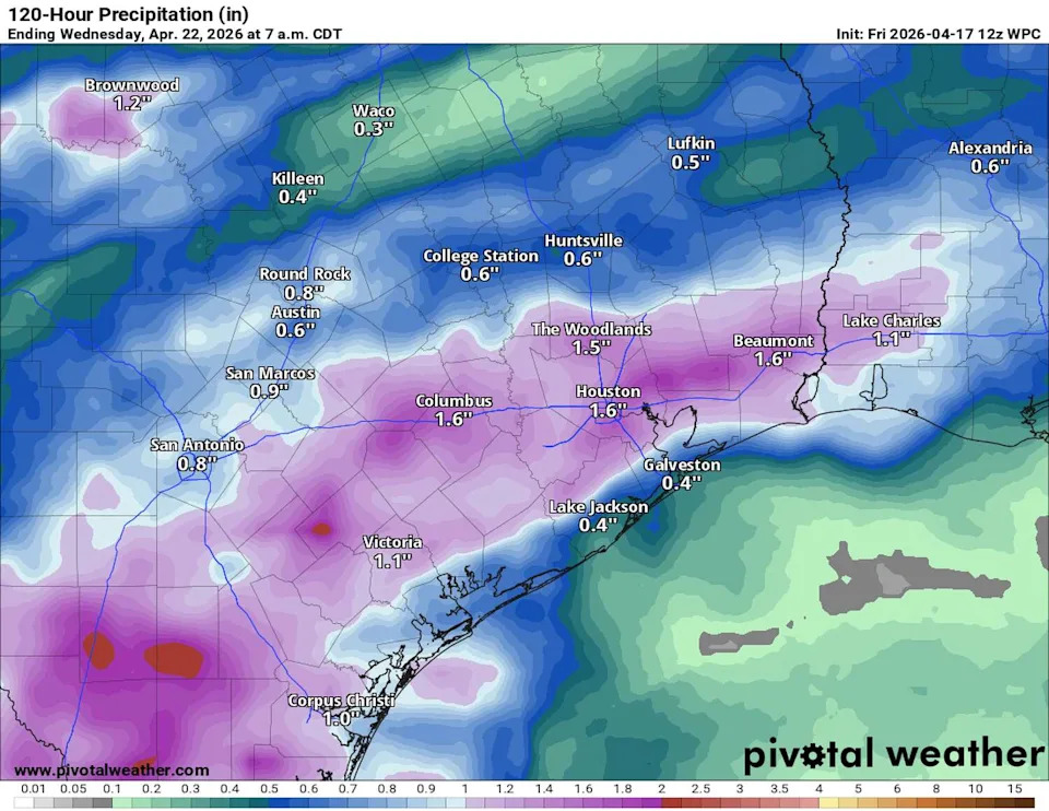 Rainfall totals in Central Texas could approach an inch, with slightly higher amounts expected across South Texas from Saturday through Wednesday morning. (Pivotal)