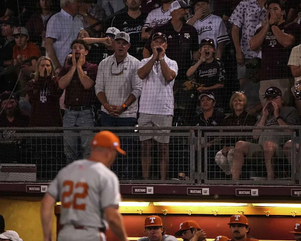 Texas A&M fans heckle Texas Longhorns head coach Jim Schlossnagle during the Lone Star Showdown at Blue Bell Park on Friday, April 10, 2026 in College Station, Texas. (Aaron E. Martinez/Austin American-Statesman)