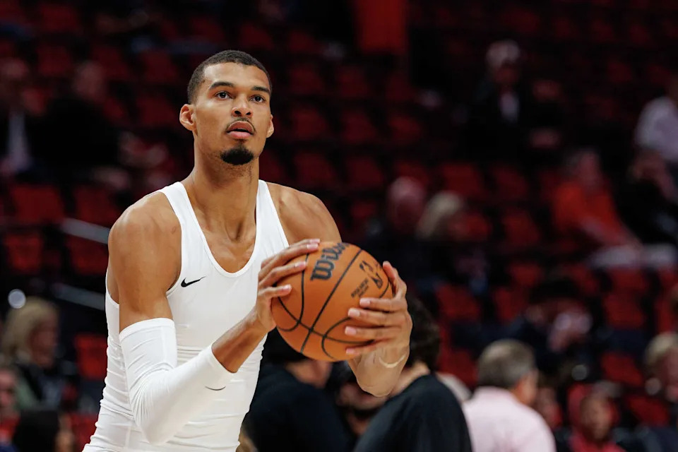 San Antonio Spurs forward Victor Wembanyama (1) warms up before Game 4 of a first-round NBA playoff series against the Portland Trail Blazers at Moda Center on Sunday, April 26, 2026. (Sam Owens/San Antonio Express-News)