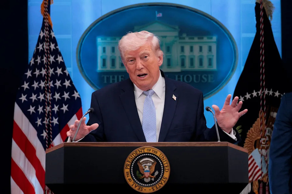 U.S. President Donald Trump holds a press conference in the James S. Brady Press Briefing Room at the White House in Washington, D.C., U.S., April 6, 2026.