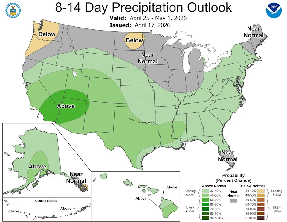 We’ll end April across the nation with more wet weather, just like how we started the month, according to the National Weather Service’s Climate Prediction Center. (Climate Prediction Center)