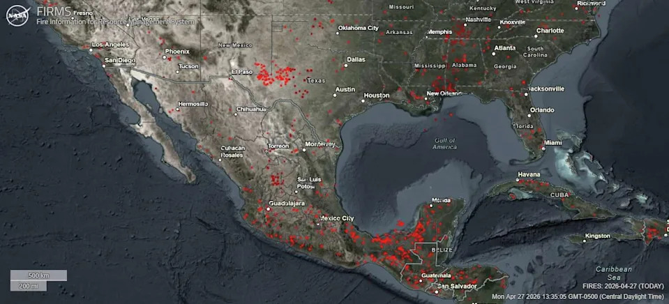 NASA’s Fire Information for Resource Management System shows numerous agricultural burns underway across Mexico and Central America on Monday afternoon. (NASA)