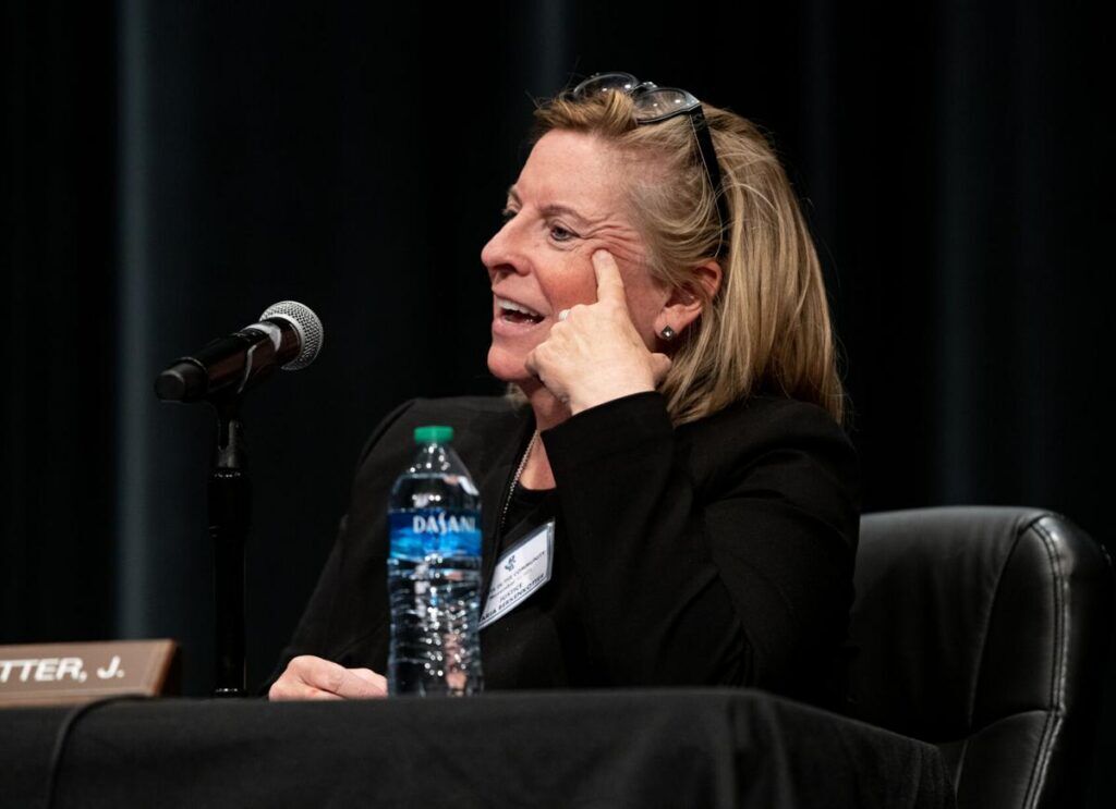 Colorado Supreme Court Justice Maria E. Berkenkotter speaks to students at Pine Creek High School in Colorado Springs on Thursday, Nov. 17, 2022. (The Gazette, Parker Seibold)
