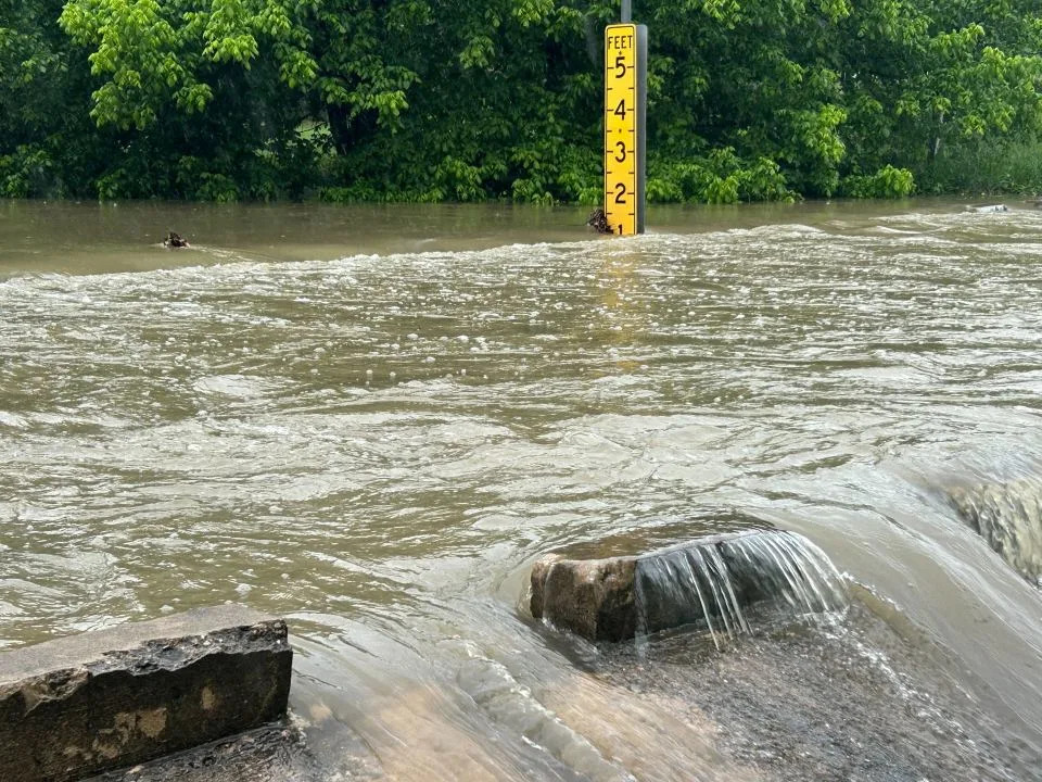 Flooded low water crossing closed in the Brushy Creek area of Williamson County on April 21, 2026 (KXAN Photo/Frank Martinez)