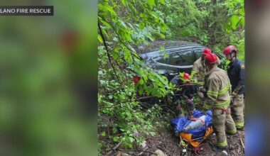 Driver rescued after car plunges 30 feet into Plano creek during morning rain