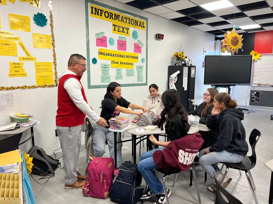 <em>Left to right: Michael Gonzalez, sophomore Emmerson Perez and other students at the Grow Your Own Educator Academy in Premont Collegiate High School in Texas. (Lauren Wagner)</em><br>