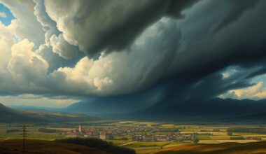 A sweeping, atmospheric landscape painting in muted tones of gray, blue, and green, with a small town or rural area dwarfed by the dramatic, foreboding clouds overhead, conveying the overwhelming power of an impending severe storm.