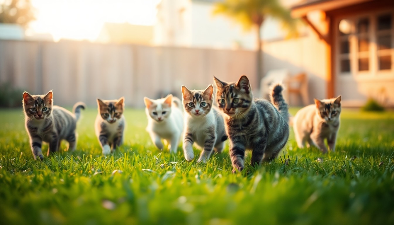An extremely abstracted, out-of-focus photograph of several cats playing in a grassy backyard, with warm pools of light and color creating a dreamlike, atmospheric scene that conceptually represents the non-profit