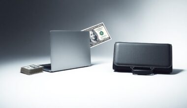 A high-end, photorealistic studio still-life photograph featuring a stack of U.S. dollar bills, a laptop, and a briefcase arranged elegantly on a clean, monochromatic background. The objects and dramatic lighting convey a sense of tension and unease around corporate strategy, finance, and job market uncertainty.