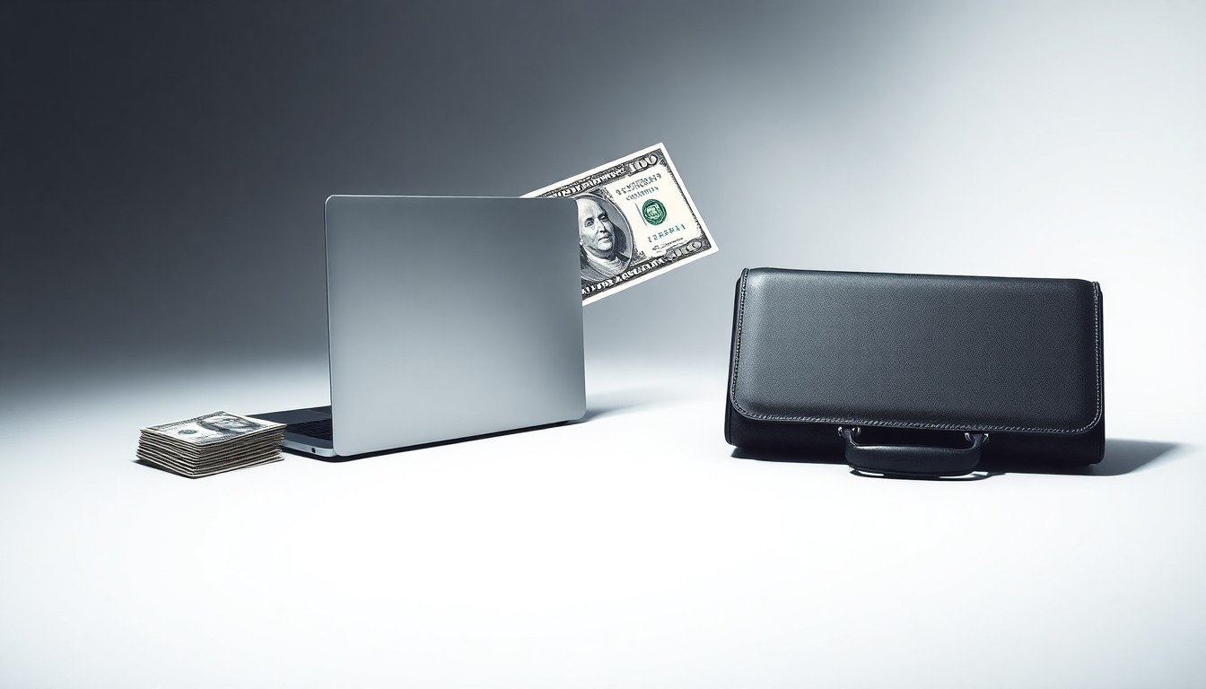 A high-end, photorealistic studio still-life photograph featuring a stack of U.S. dollar bills, a laptop, and a briefcase arranged elegantly on a clean, monochromatic background. The objects and dramatic lighting convey a sense of tension and unease around corporate strategy, finance, and job market uncertainty.