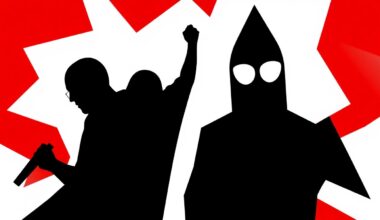 An abstract composition of stark, jagged geometric shapes in high-contrast red and black, conceptually representing the intersection of Christian faith and electronic dance music.