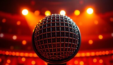 An extreme close-up photograph of a metallic microphone grill, its surface reflecting warm, high-contrast studio lighting in a glamorous, high-fashion style, conveying the anticipation and energy of a performer about to take the stage.
