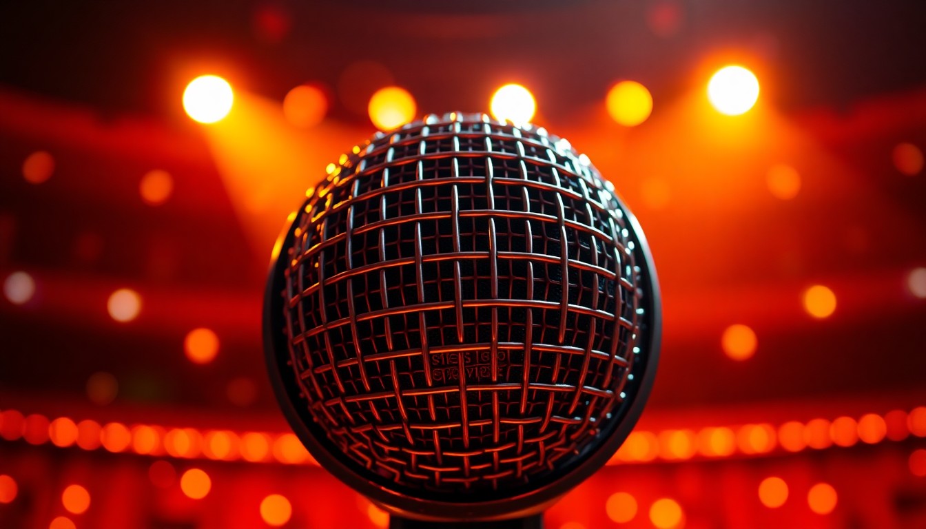 An extreme close-up photograph of a metallic microphone grill, its surface reflecting warm, high-contrast studio lighting in a glamorous, high-fashion style, conveying the anticipation and energy of a performer about to take the stage.