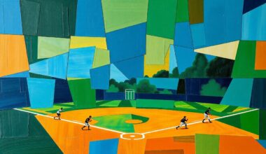 A fragmented, geometric painting depicting a high school sports game, with sharp planes of navy, green, and orange overlapping to create a dynamic, abstract composition.