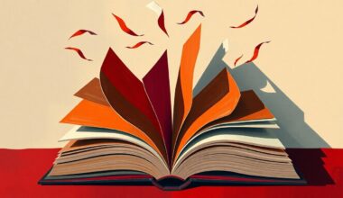 A dynamic, fragmented painting of an open book with pages in motion, conveying the contested nature of social studies standards in Texas.