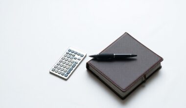 A minimalist studio still life photograph featuring a polished metal calculator, a sleek black pen, and a leather-bound ledger book arranged elegantly on a clean, white background, conceptually representing the abstract concepts of corporate finance and oversight.