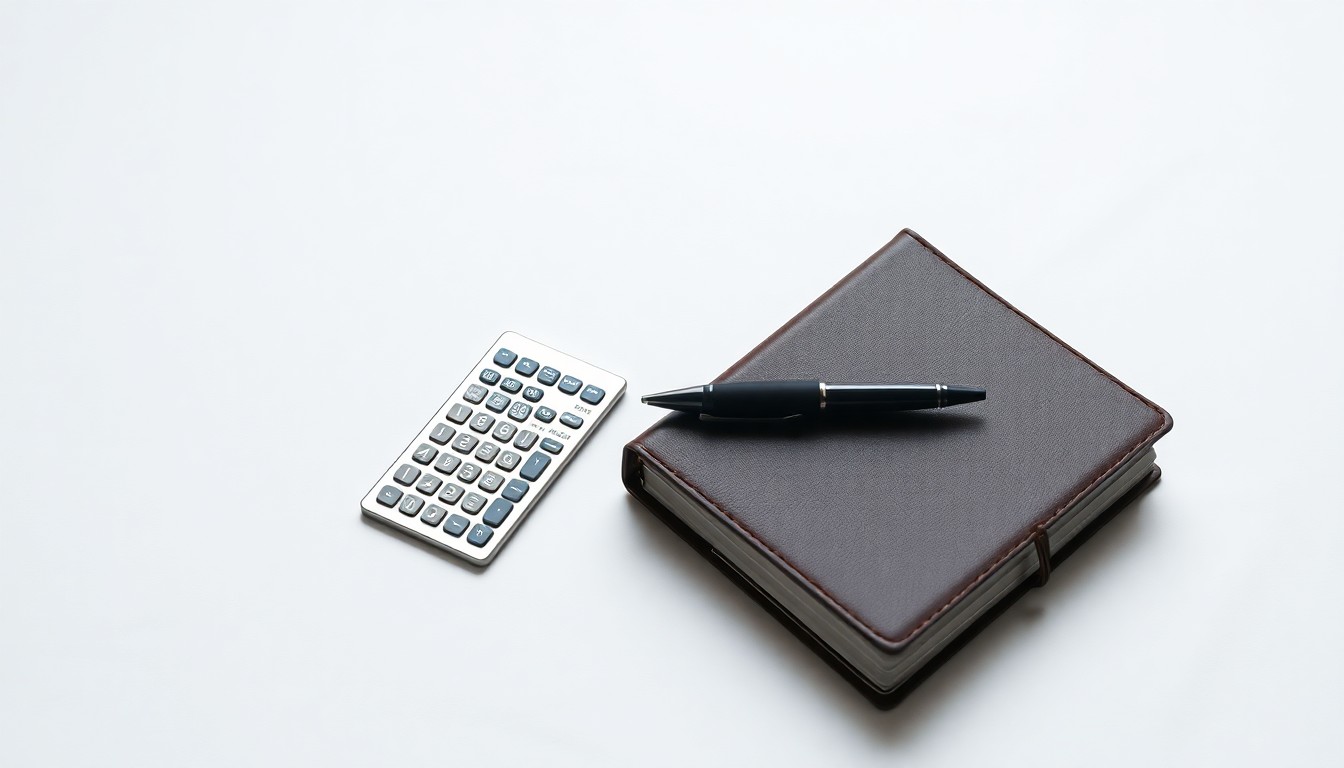 A minimalist studio still life photograph featuring a polished metal calculator, a sleek black pen, and a leather-bound ledger book arranged elegantly on a clean, white background, conceptually representing the abstract concepts of corporate finance and oversight.