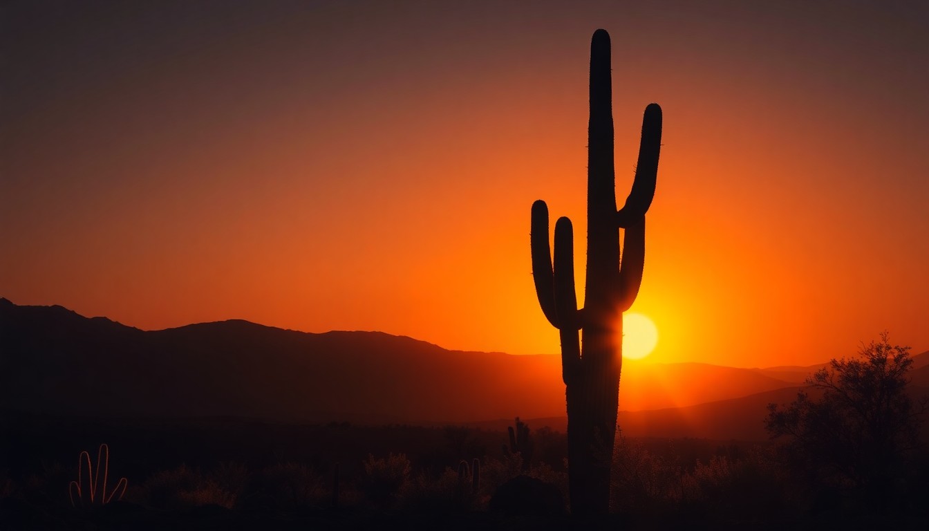 A cinematic painting of a solitary cactus silhouetted against a warm, golden sunset, capturing the serene yet rugged beauty of the Big Bend region in Texas.