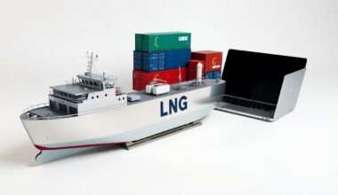 A minimalist studio still life featuring a polished chrome LNG tanker model, a stack of shipping containers, and a sleek laptop computer, symbolizing Cheniere Energy