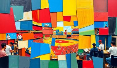 A fragmented, cubist-style painting depicting various baseball concession items like hot dogs, nachos, and a large sombrero-shaped dish, broken down into sharp, overlapping geometric shapes and planes of bright, vibrant colors.