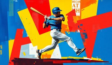 A fragmented, geometric painting depicting the motion and energy of a baseball player