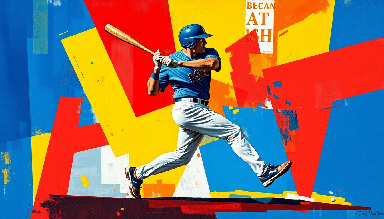 A fragmented, geometric painting depicting the motion and energy of a baseball player