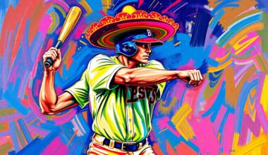 An abstract, energetic painting featuring bold brushstrokes of neon orange, yellow, and red, depicting a baseball player in motion while wearing a large sombrero-shaped snack on their head, conceptually representing the excitement and team spirit of the Rangers