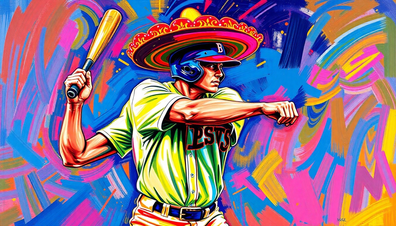 An abstract, energetic painting featuring bold brushstrokes of neon orange, yellow, and red, depicting a baseball player in motion while wearing a large sombrero-shaped snack on their head, conceptually representing the excitement and team spirit of the Rangers