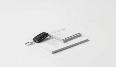 A minimalist, photorealistic studio still life featuring a sleek, metallic car key and a stack of financial documents, symbolizing the intersection of automotive finance and corporate leadership.