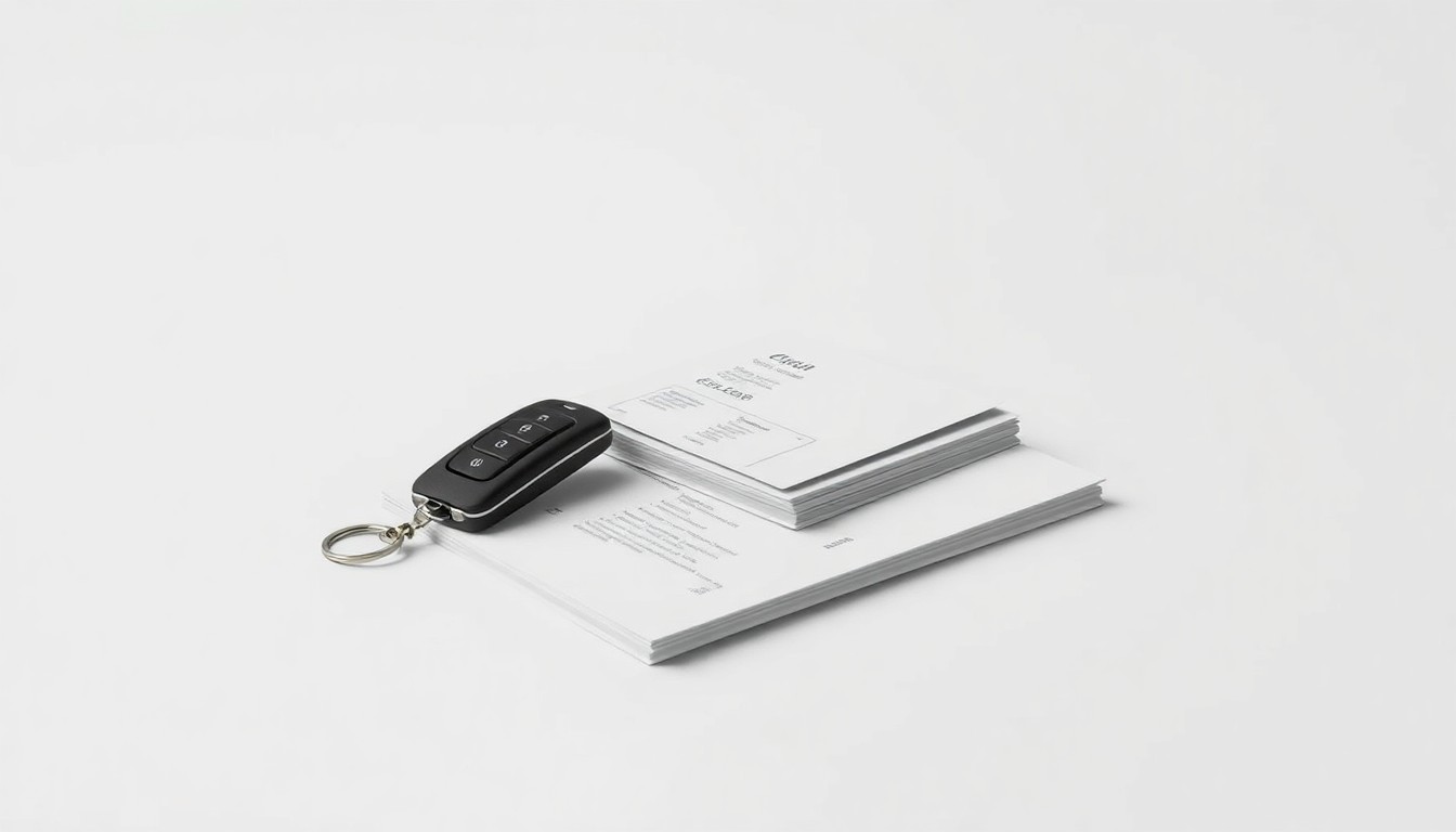 A minimalist, photorealistic studio still life featuring a sleek, metallic car key and a stack of financial documents, symbolizing the intersection of automotive finance and corporate leadership.