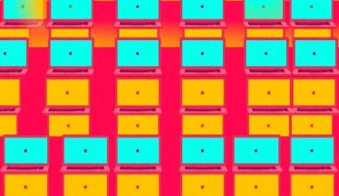A vibrant, pop art-inspired illustration featuring a repeated pattern of a stylized laptop computer in shades of blue, green, and orange, conceptually representing the integration of artificial intelligence into the modern college experience.
