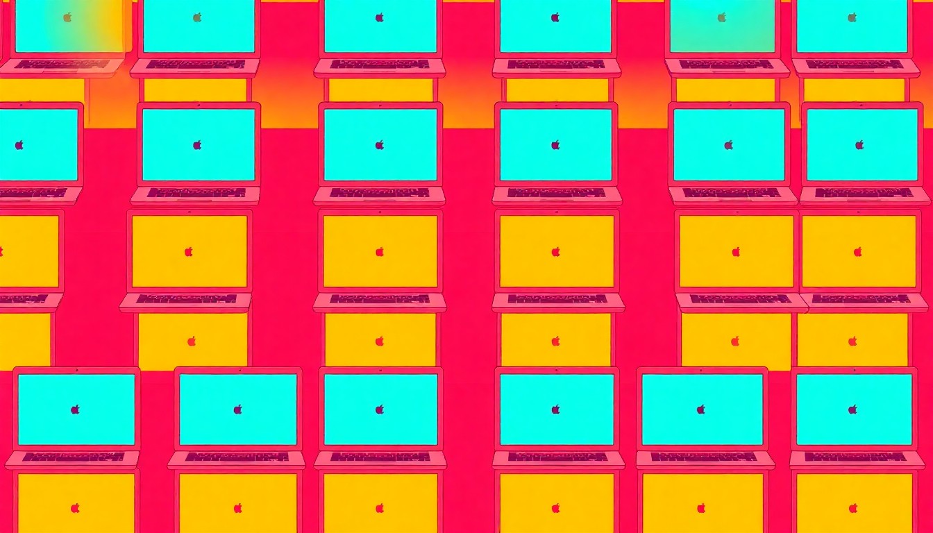 A vibrant, pop art-inspired illustration featuring a repeated pattern of a stylized laptop computer in shades of blue, green, and orange, conceptually representing the integration of artificial intelligence into the modern college experience.