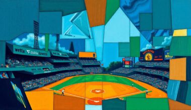 A cubist, geometric painting depicting a baseball game in progress, with overlapping planes of navy, green, and orange representing the dynamic action on the field.