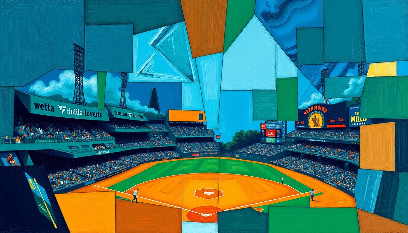 A cubist, geometric painting depicting a baseball game in progress, with overlapping planes of navy, green, and orange representing the dynamic action on the field.