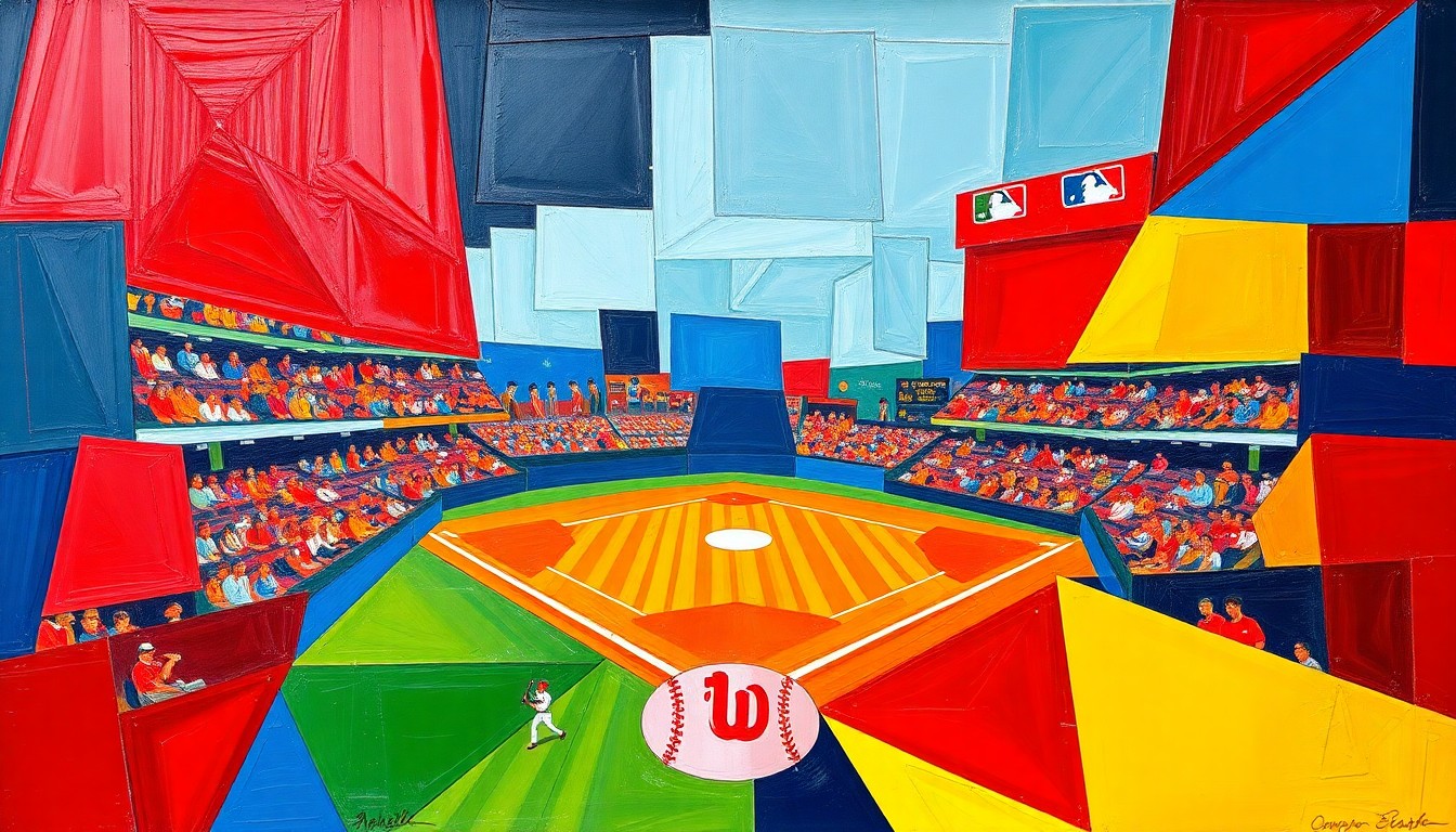A cubist-style painting depicting a baseball game broken down into sharp, overlapping geometric shapes in red, blue, and yellow, conveying the dynamic energy and tension of the late-inning comeback.
