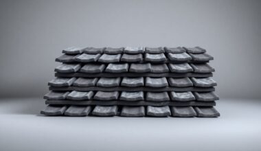 A close-up photograph of a stack of gray roofing tiles arranged in a minimalist, high-end studio setting, conveying the quality and craftsmanship of Kincaid Roofing