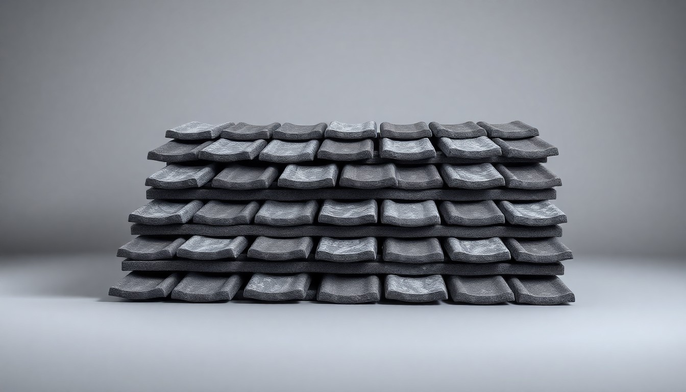 A close-up photograph of a stack of gray roofing tiles arranged in a minimalist, high-end studio setting, conveying the quality and craftsmanship of Kincaid Roofing