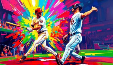 A dynamic, colorful painting featuring bold, energetic brushstrokes that capture the motion and intensity of a baseball game, with players